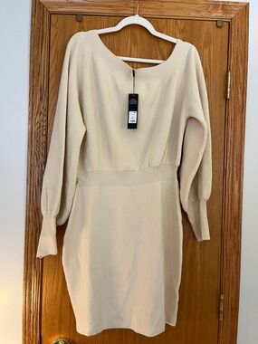 Fashion Nova Cream Long Sleeve Knit Dress